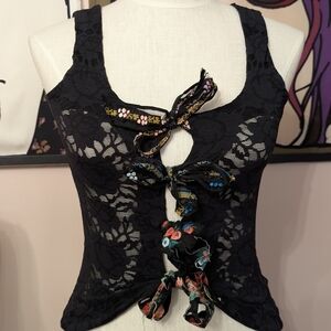 Betsey Johnson Black Lace Top with Floral Details